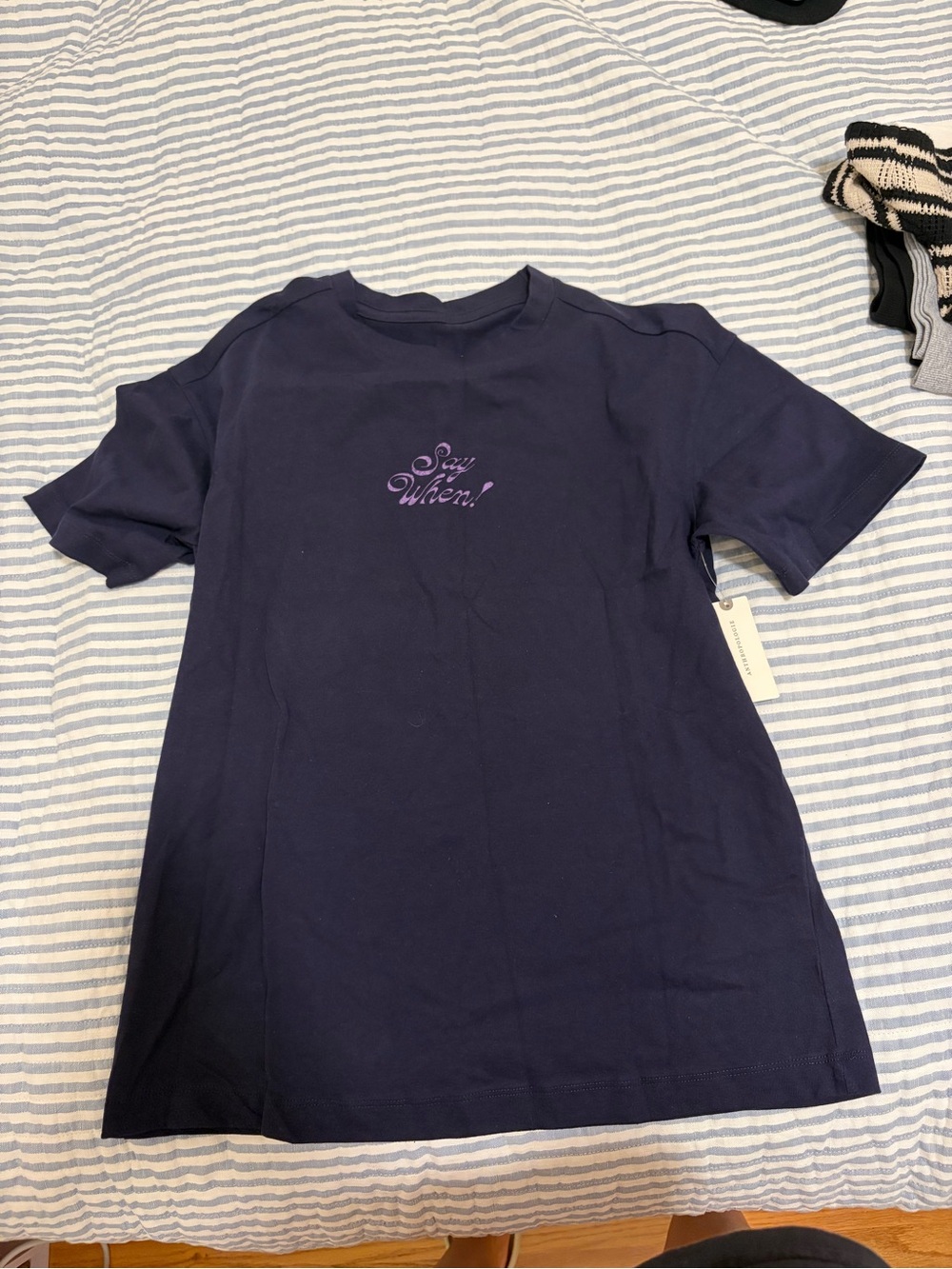Anthropologie Navy Tee with Purple Script